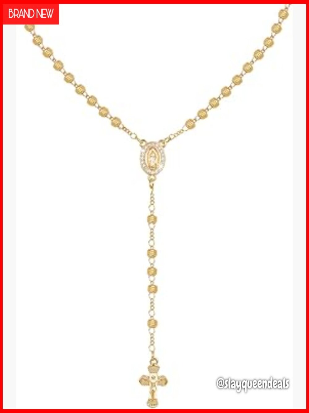 Gold Virgin Mary Rosary Necklace 14k Plated Crucifix Y Chain Catholic Jewelry